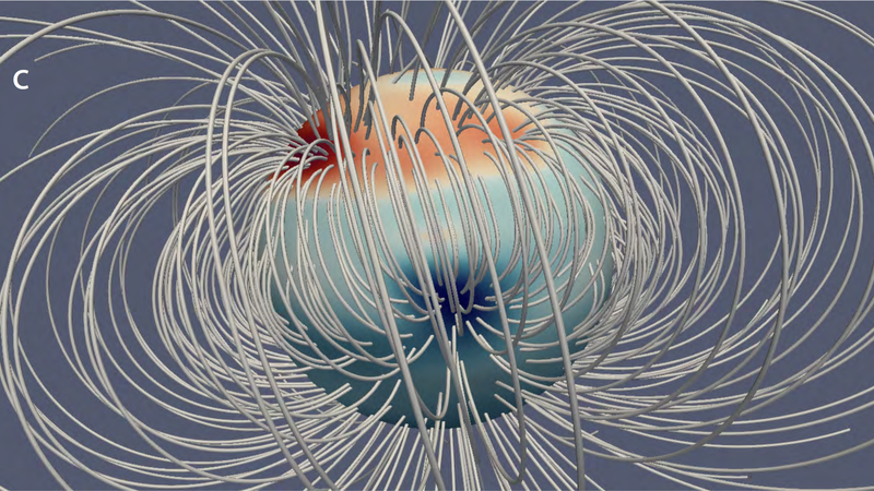 A diagram of the magnetic field in Jupiter’s northern hemisphere, showing the Great Blue Spot.